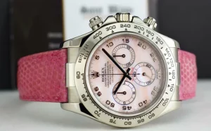 Racing Professional Watches | Sant Blanc ROLEX 18kt White Gold Daytona Rose Mother of Pearl Dial Lizzard Pink Strap Model 116519