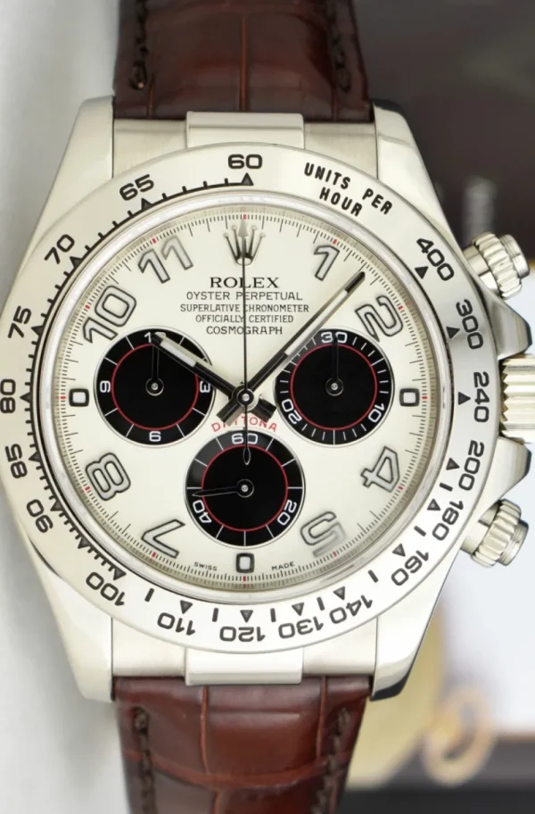 Racing Professional Watches | Sant Blanc ROLEX 18kt White Gold Daytona White Panda Dial Chocolate Strap Model 116519