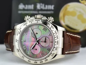Sports Watches | Racing Professional Watches | Sant Blanc ROLEX 18kt White Gold Daytona on Brown Strap MOP Roman Dial Model 116519