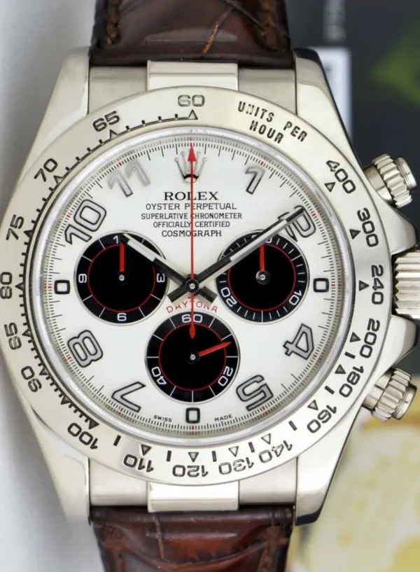 Sports Watches | Racing Professional Watches | Sant Blanc ROLEX 18kt White Gold Daytona Panda Arabic on Brown Strap Model 116519