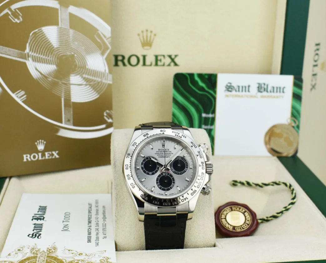 rolex_kt_white_gold_dayto_9.webp Racing Professional Watches | Sant Blanc ROLEX 18kt White Gold Daytona Steel Slate Panda Leather Strap Model 116519