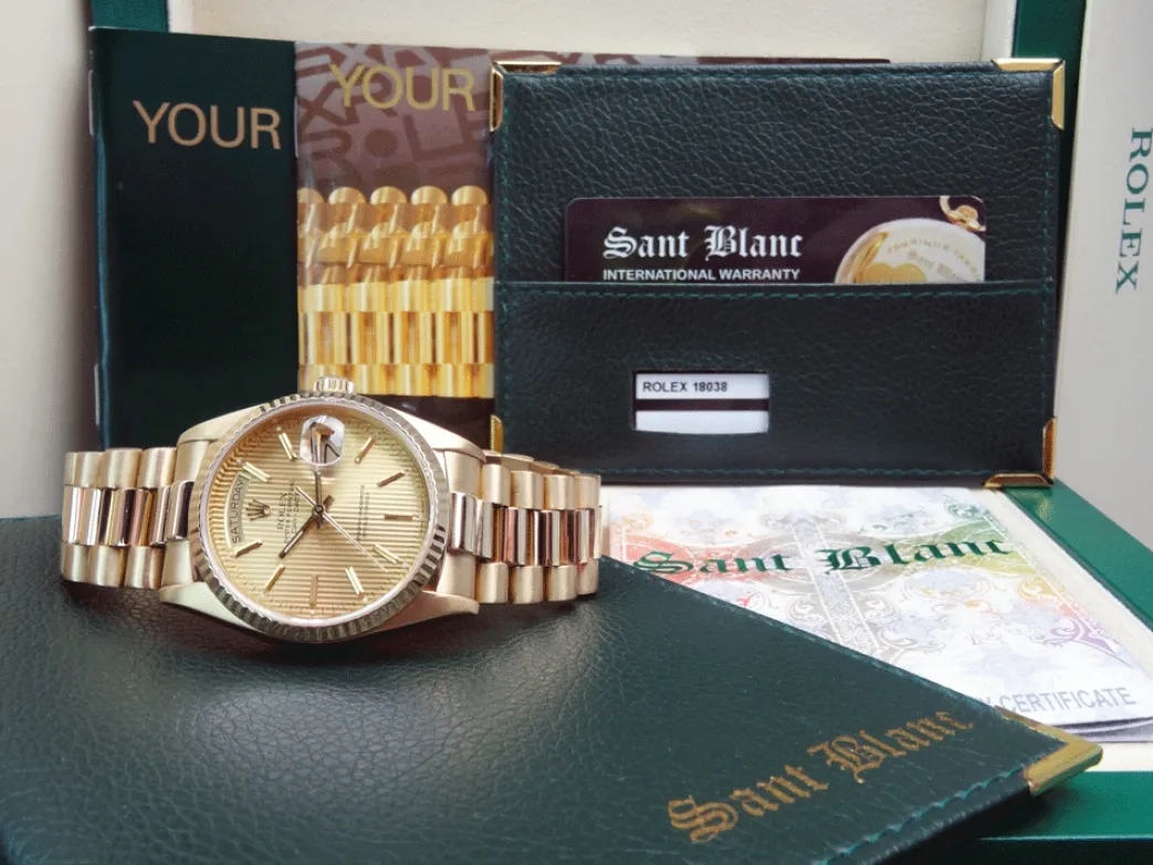 rolex_kt_yellow_gold_day__0-1.webp Men's Watches | President Dress Watches | Sant Blanc ROLEX 18kt Yellow Gold Day Date President Champagne Tapestry Stick Dial Model 18038