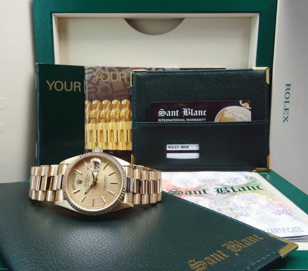 rolex_kt_yellow_gold_day__1-1.webp Men's Watches | President Dress Watches | Sant Blanc ROLEX 18kt Yellow Gold Day Date President Champagne Tapestry Stick Dial Model 18038