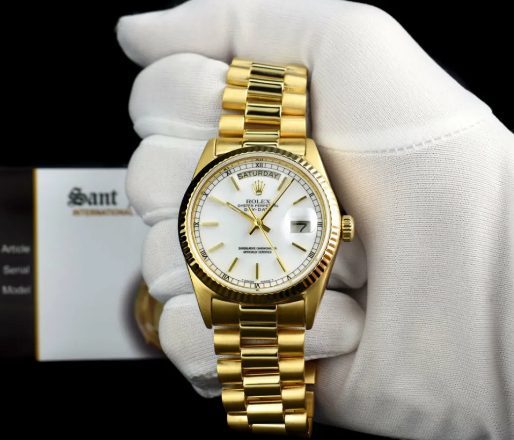 rolex_kt_yellow_gold_day__1.webp Men's Watches | President Dress Watches | Sant Blanc ROLEX 18kt Yellow Gold Day Date President White Stick Dial Model 18038