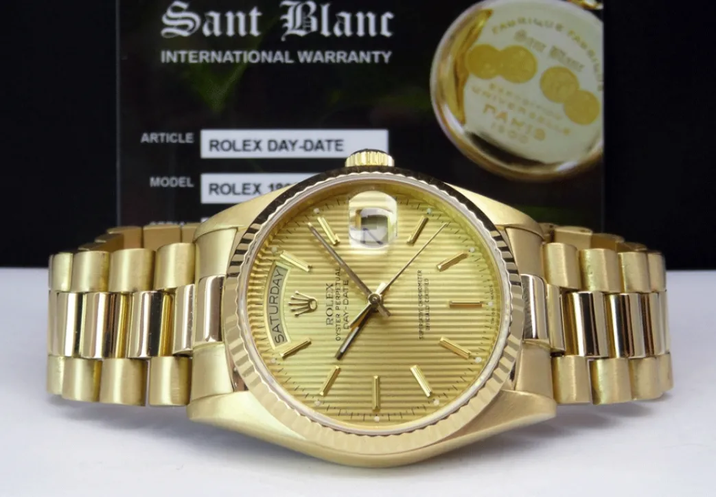 rolex_kt_yellow_gold_day__2-1.webp Men's Watches | President Dress Watches | Sant Blanc ROLEX 18kt Yellow Gold Day Date President Champagne Tapestry Stick Dial Model 18038