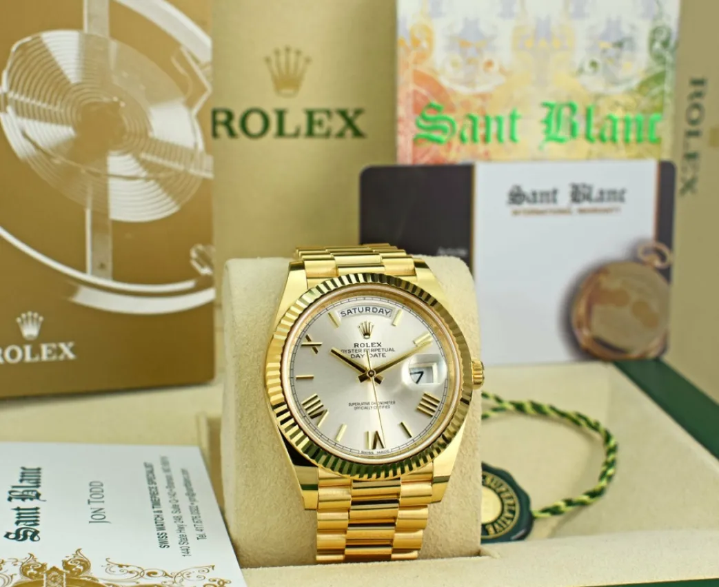 rolex_kt_yellow_gold_day__2-2.webp Men's Watches | President Dress Watches | Sant Blanc ROLEX 18kt Yellow Gold Day Date 40 President Silver Roman Dial Model 228238