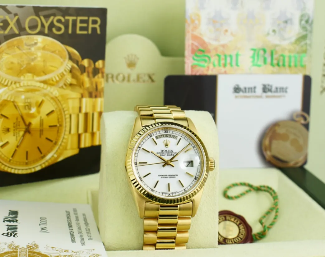 rolex_kt_yellow_gold_day__2.webp Men's Watches | President Dress Watches | Sant Blanc ROLEX 18kt Yellow Gold Day Date President White Stick Dial Model 18038