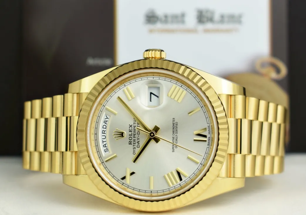 rolex_kt_yellow_gold_day__3-2.webp Men's Watches | President Dress Watches | Sant Blanc ROLEX 18kt Yellow Gold Day Date 40 President Silver Roman Dial Model 228238