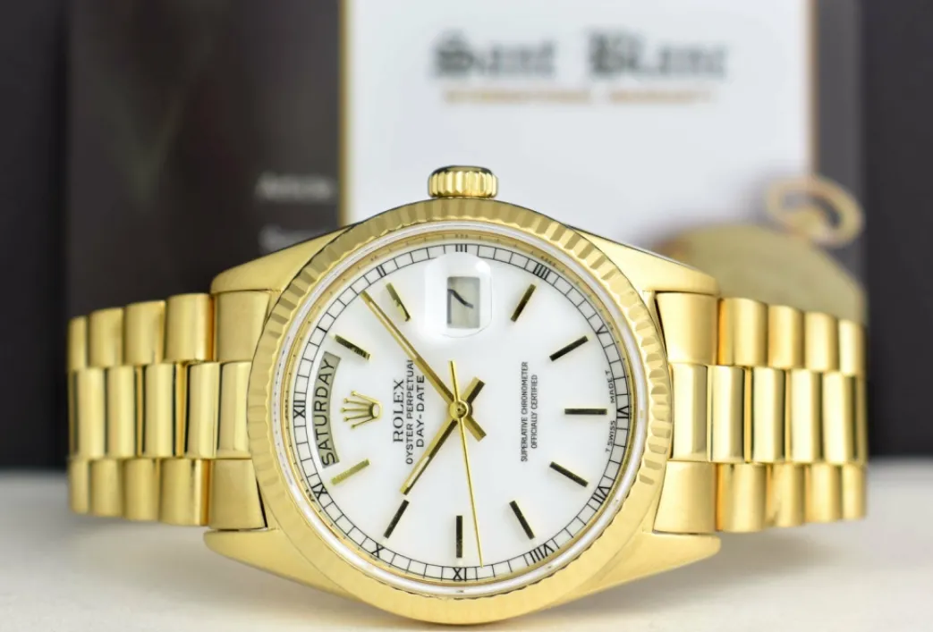 rolex_kt_yellow_gold_day__3.webp Men's Watches | President Dress Watches | Sant Blanc ROLEX 18kt Yellow Gold Day Date President White Stick Dial Model 18038