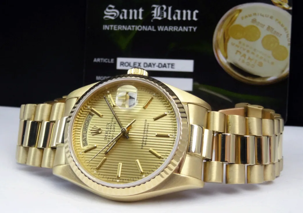 rolex_kt_yellow_gold_day__4-1.webp Men's Watches | President Dress Watches | Sant Blanc ROLEX 18kt Yellow Gold Day Date President Champagne Tapestry Stick Dial Model 18038