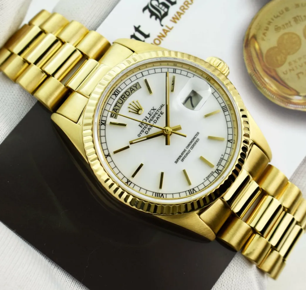 rolex_kt_yellow_gold_day__4.webp Men's Watches | President Dress Watches | Sant Blanc ROLEX 18kt Yellow Gold Day Date President White Stick Dial Model 18038