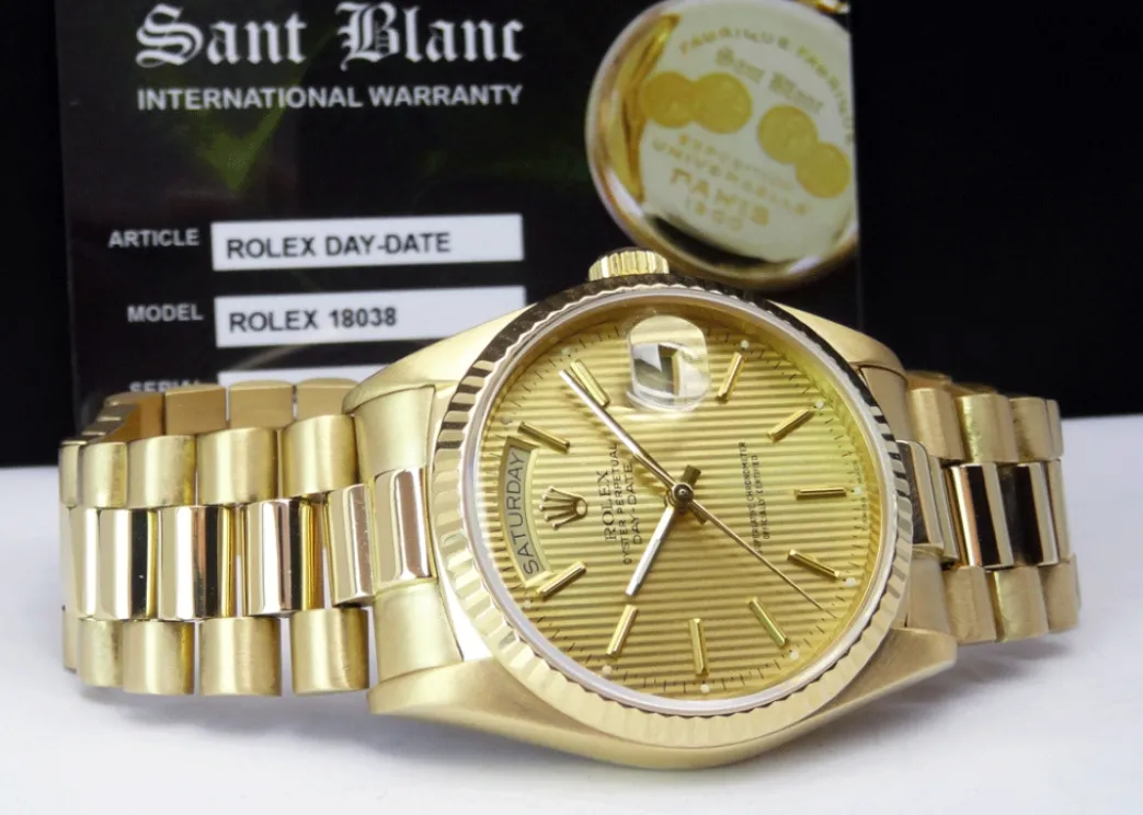 rolex_kt_yellow_gold_day__5-1.webp Men's Watches | President Dress Watches | Sant Blanc ROLEX 18kt Yellow Gold Day Date President Champagne Tapestry Stick Dial Model 18038