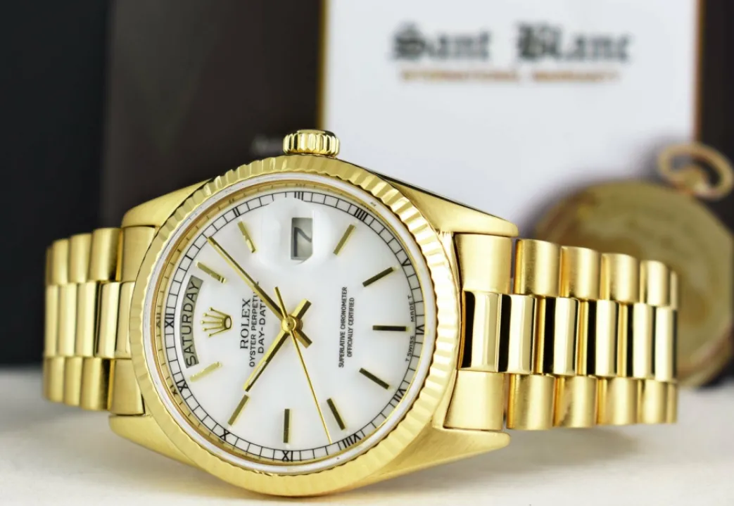 rolex_kt_yellow_gold_day__5.webp Men's Watches | President Dress Watches | Sant Blanc ROLEX 18kt Yellow Gold Day Date President White Stick Dial Model 18038