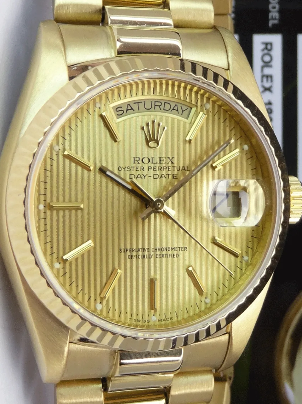 rolex_kt_yellow_gold_day__6-1.webp Men's Watches | President Dress Watches | Sant Blanc ROLEX 18kt Yellow Gold Day Date President Champagne Tapestry Stick Dial Model 18038
