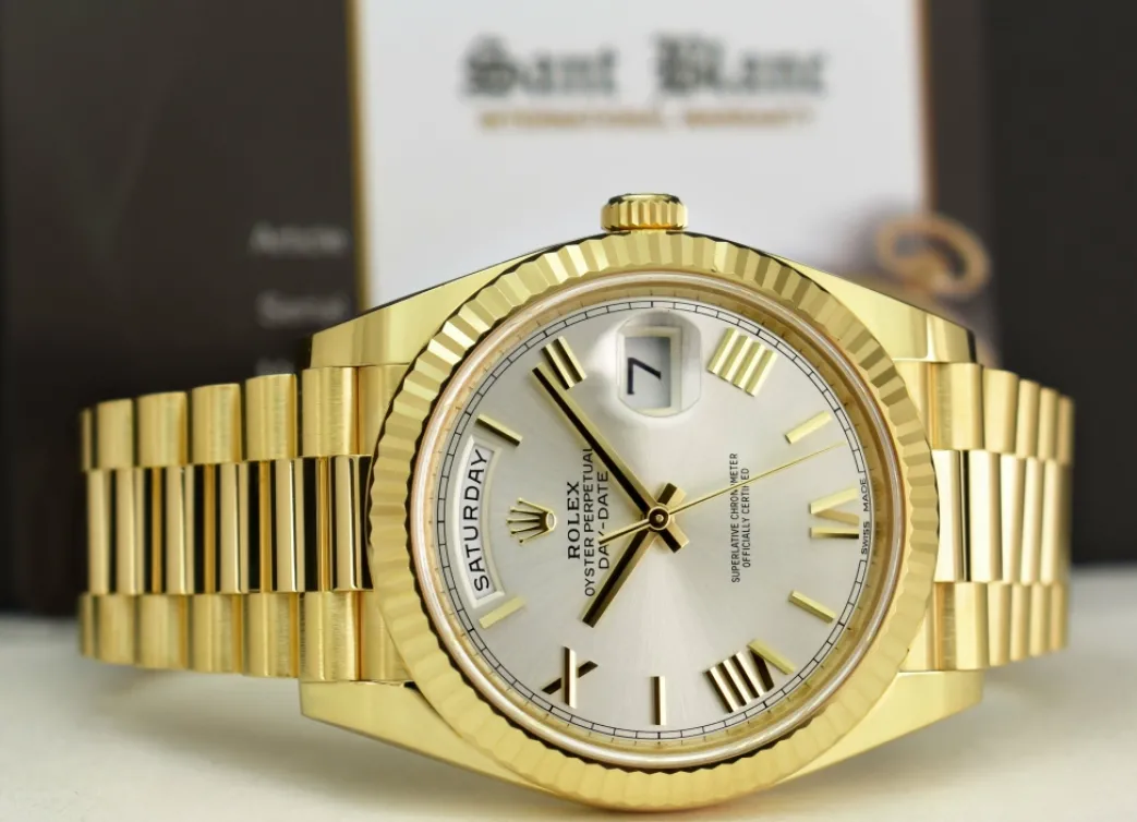 rolex_kt_yellow_gold_day__6-2.webp Men's Watches | President Dress Watches | Sant Blanc ROLEX 18kt Yellow Gold Day Date 40 President Silver Roman Dial Model 228238