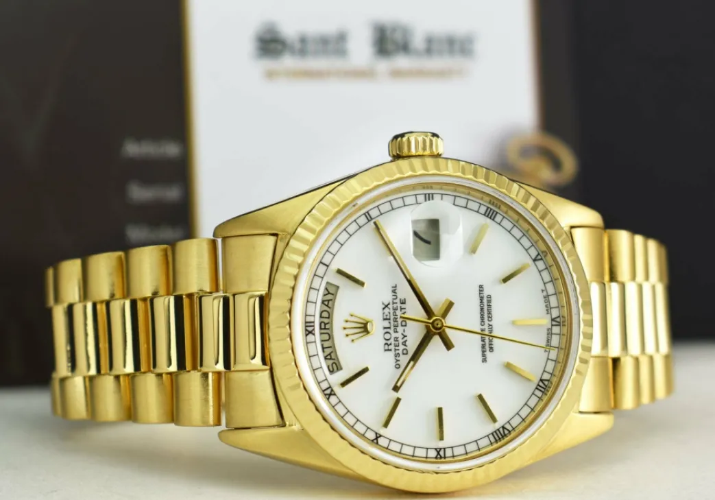 rolex_kt_yellow_gold_day__6.webp Men's Watches | President Dress Watches | Sant Blanc ROLEX 18kt Yellow Gold Day Date President White Stick Dial Model 18038
