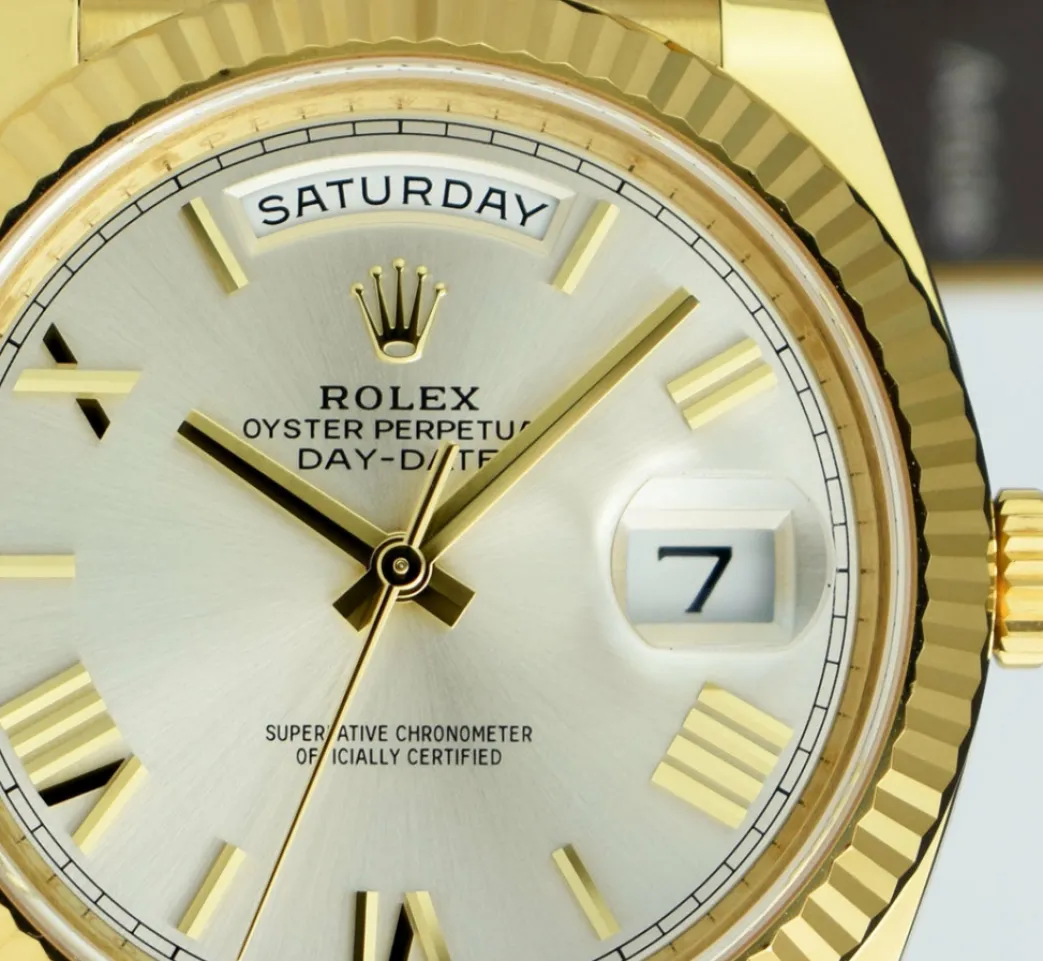 rolex_kt_yellow_gold_day__9-1.webp Men's Watches | President Dress Watches | Sant Blanc ROLEX 18kt Yellow Gold Day Date 40 President Silver Roman Dial Model 228238