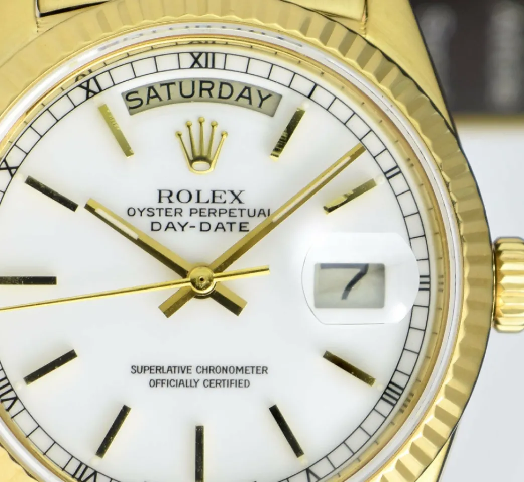 rolex_kt_yellow_gold_day__9.webp Men's Watches | President Dress Watches | Sant Blanc ROLEX 18kt Yellow Gold Day Date President White Stick Dial Model 18038