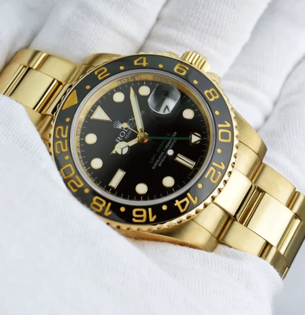 Pilots Professional Watches | Sant Blanc ROLEX 18kt Yellow Gold GMT Master II Black Dial Model 116718