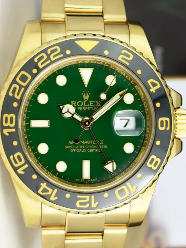 Pilots Classic Watches | Men's Watches | Sant Blanc ROLEX 18kt Yellow Gold GMT Master II Green Dial Card Model 116718