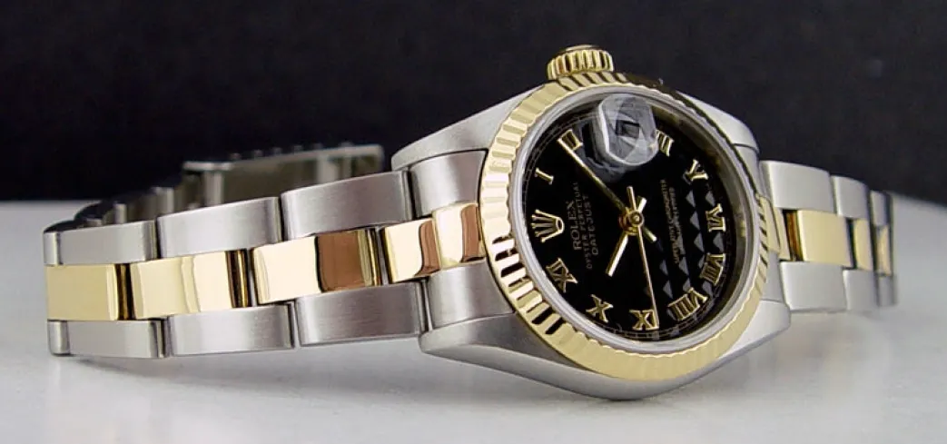 rolex_ladies_kt_gold__sta_1-1.webp Ladies Watches | Dress Watches | Sant Blanc ROLEX Ladies 18kt Gold & Stainless Steel DateJust Black Pyramid Roman Dial Model 79173