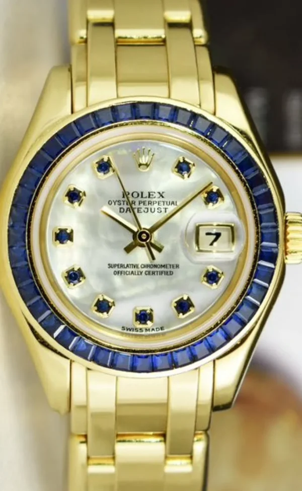 President Dress Watches | Ladies Watches | Sant Blanc ROLEX Ladies 18kt Gold PearlMaster Masterpiece Datejust Mother of Pearl Sapphire Dial Model 80308