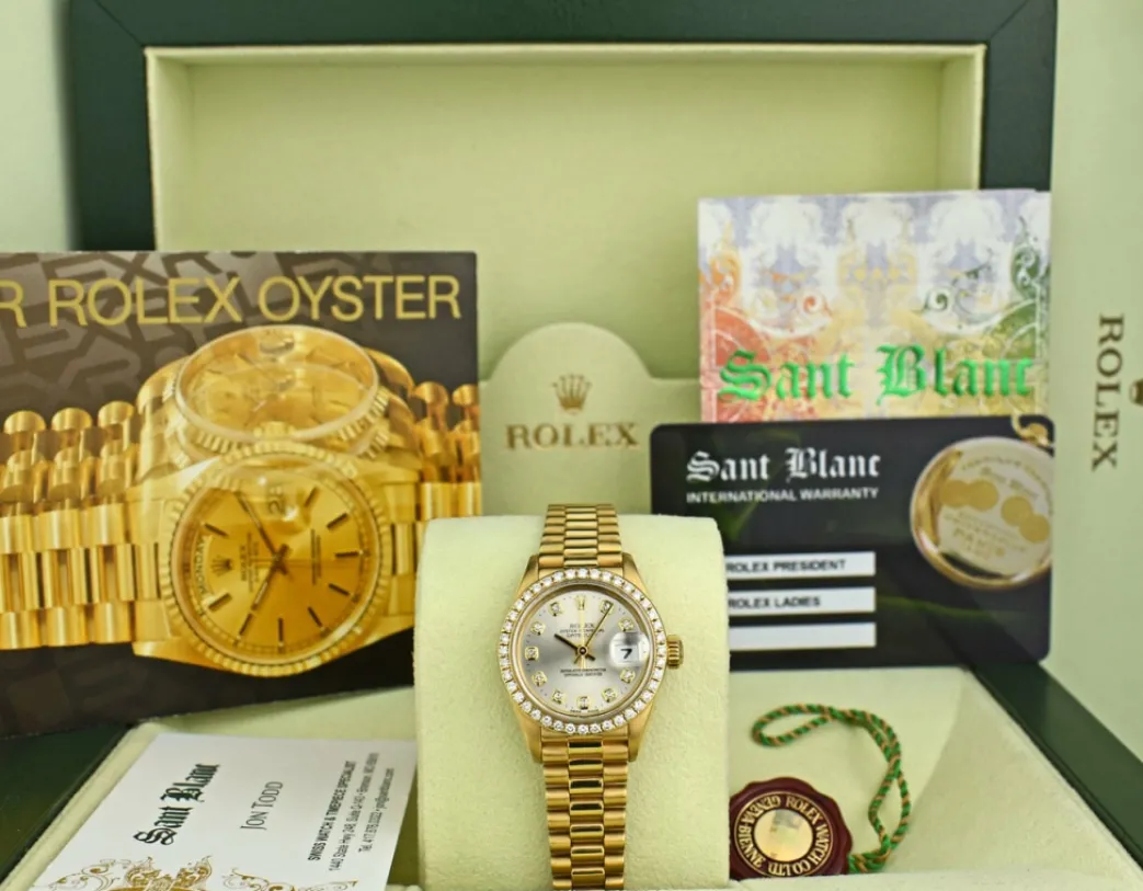 rolex_ladies_kt_gold_pres_0.webp Ladies Watches | Diamond Dress Watches | Sant Blanc ROLEX Ladies 18kt Gold President Datejust Silver Diamond Dial Diamond Bezel Model 69138