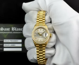 Ladies Watches | Diamond Dress Watches | Sant Blanc ROLEX Ladies 18kt Gold President Datejust Silver Diamond Dial Diamond Bezel Model 69138