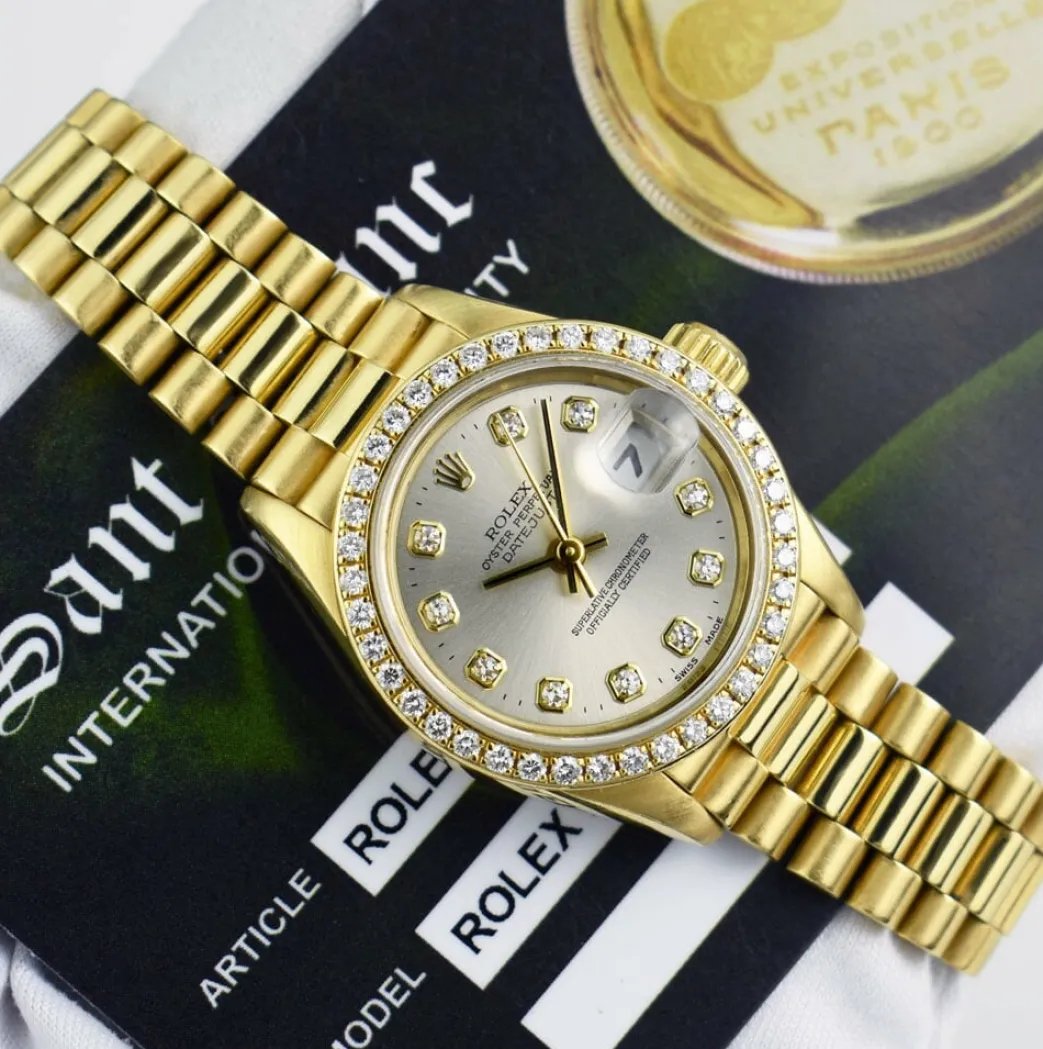 rolex_ladies_kt_gold_pres_4.webp Ladies Watches | Diamond Dress Watches | Sant Blanc ROLEX Ladies 18kt Gold President Datejust Silver Diamond Dial Diamond Bezel Model 69138