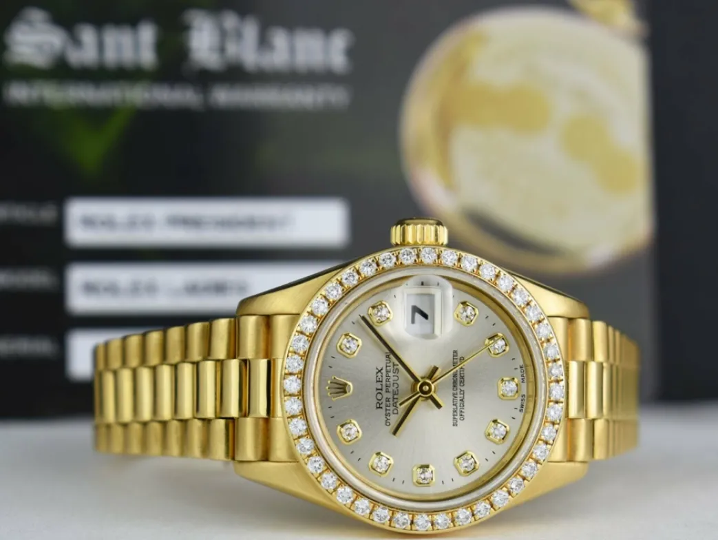 rolex_ladies_kt_gold_pres_6.webp Ladies Watches | Diamond Dress Watches | Sant Blanc ROLEX Ladies 18kt Gold President Datejust Silver Diamond Dial Diamond Bezel Model 69138