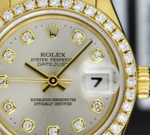 Ladies Watches | Diamond Dress Watches | Sant Blanc ROLEX Ladies 18kt Gold President Datejust Silver Diamond Dial Diamond Bezel Model 69138