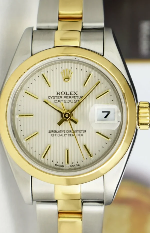 Ladies Watches | Dress Watches | Sant Blanc ROLEX Ladies 18kt Gold Stainless Steel DateJust Ivory Tapestry Stick Dial Model 79163