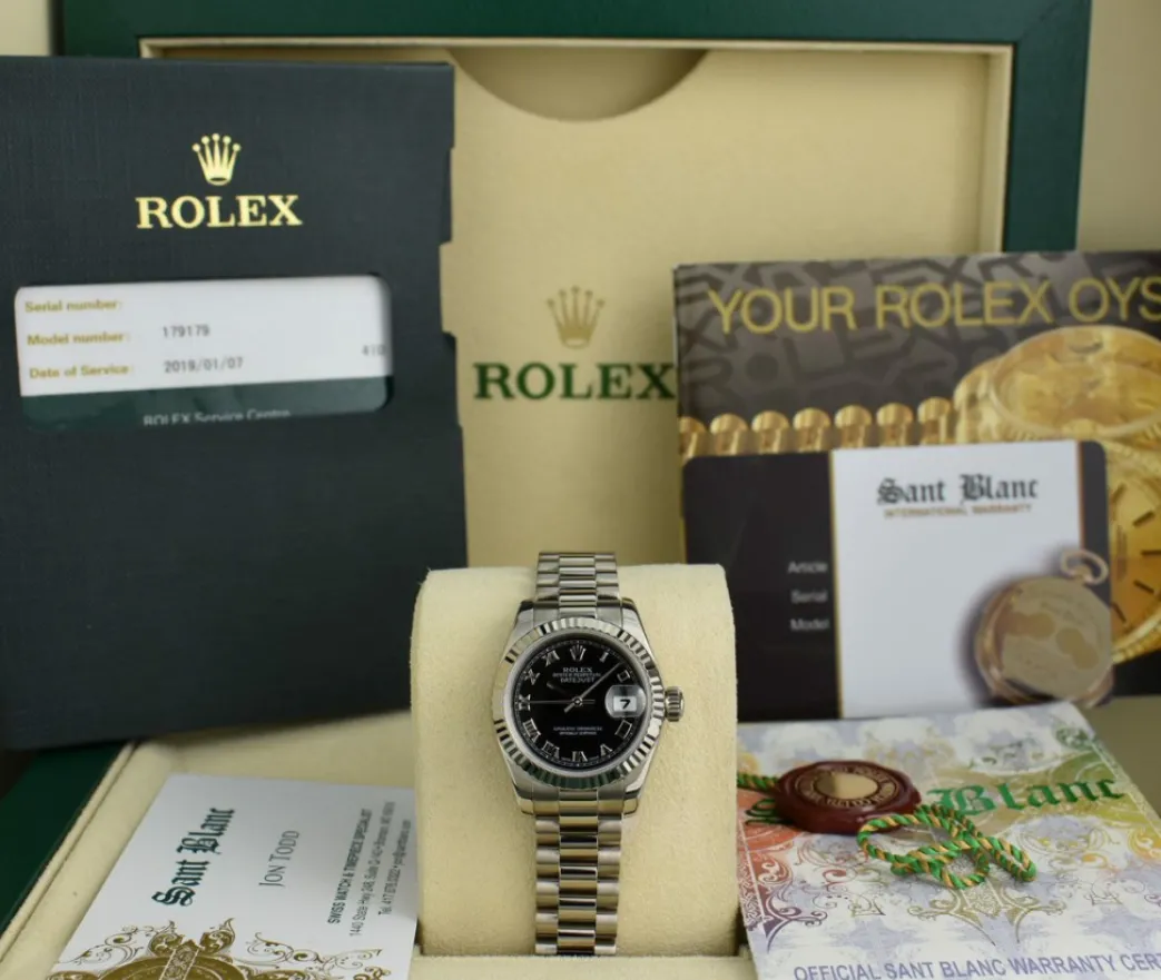 rolex_ladies_kt_white_gol_0-3.webp Ladies Watches | President Dress Watches | Sant Blanc ROLEX Ladies 18kt White Gold Datejust PRESIDENT Black Roman Dial Model 179179