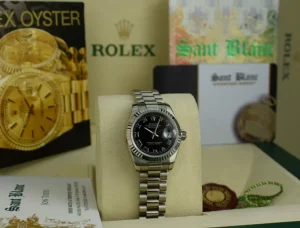Ladies Watches | President Dress Watches | Sant Blanc ROLEX Ladies 18kt White Gold Datejust PRESIDENT Black Roman Dial Model 179179
