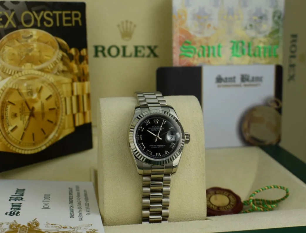 rolex_ladies_kt_white_gol_1-3.webp Ladies Watches | President Dress Watches | Sant Blanc ROLEX Ladies 18kt White Gold Datejust PRESIDENT Black Roman Dial Model 179179