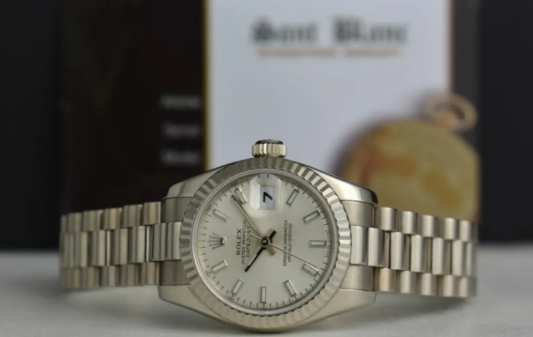 rolex_ladies_kt_white_gol_2-4.webp Ladies Watches | President Dress Watches | Sant Blanc ROLEX Ladies 18kt White Gold Datejust President Silver Index Dial Model 179179