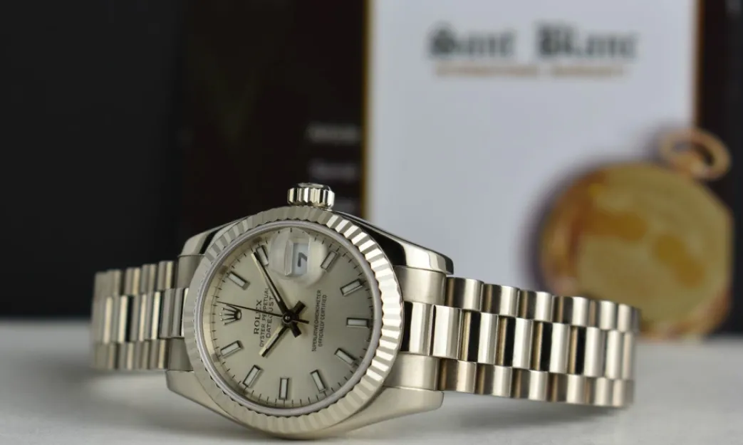 rolex_ladies_kt_white_gol_3-4.webp Ladies Watches | President Dress Watches | Sant Blanc ROLEX Ladies 18kt White Gold Datejust President Silver Index Dial Model 179179