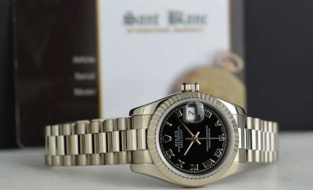 rolex_ladies_kt_white_gol_4-3.webp Ladies Watches | President Dress Watches | Sant Blanc ROLEX Ladies 18kt White Gold Datejust PRESIDENT Black Roman Dial Model 179179