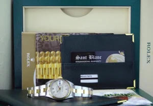 Ladies Watches | Dress Watches | Sant Blanc ROLEX Ladies 26mm 18kt Gold & Stainless DateJust Silver Tapestry Stick Dial Model 79173