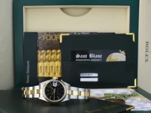 Ladies Watches | Dress Watches | Sant Blanc ROLEX Ladies 26mm 18kt Gold & Stainless Steel DateJust Black Tapestry Stick Dial Model 69173