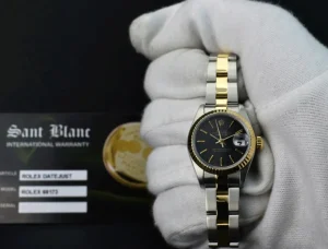 Ladies Watches | Dress Watches | Sant Blanc ROLEX Ladies 26mm 18kt Gold & Stainless Steel DateJust Black Tapestry Stick Dial Model 69173
