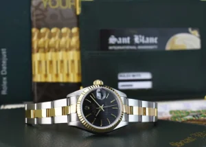 Ladies Watches | Dress Watches | Sant Blanc ROLEX Ladies 26mm 18kt Gold & Stainless Steel DateJust Black Tapestry Stick Dial Model 69173