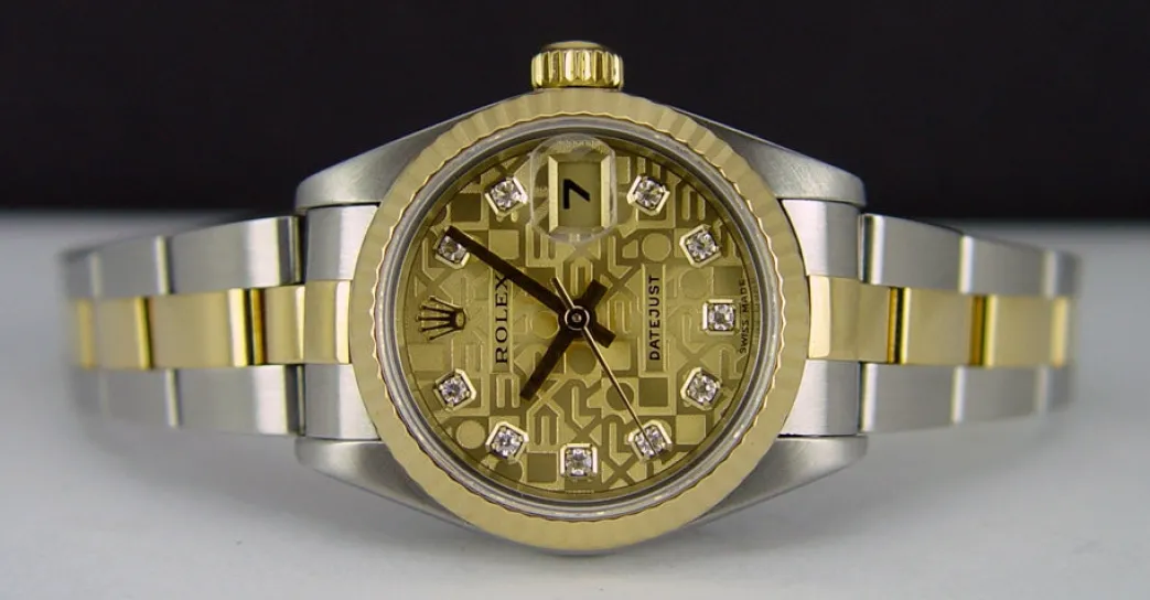 rolex_ladies_mm_kt_gold___3-3.webp Ladies Watches | Dress Watches | Sant Blanc ROLEX Ladies 26mm 18kt Gold & Stainless DateJust Champagne Jubilee Diamond Dial Model 79173