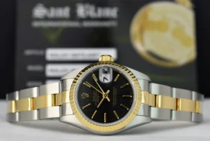 Ladies Watches | Dress Watches | Sant Blanc ROLEX Ladies 26mm 18kt Gold & Stainless Steel DateJust Black Tapestry Stick Dial Model 69173