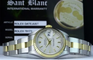 Ladies Watches | Dress Watches | Sant Blanc ROLEX Ladies 26mm 18kt Gold & Stainless DateJust Silver Tapestry Stick Dial Model 79173