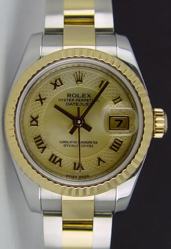 Ladies Watches | Dress Watches | Sant Blanc ROLEX Ladies 26mm 18kt Gold & Stainless DateJust Canari MOP Deco Roman Dial Model 179173