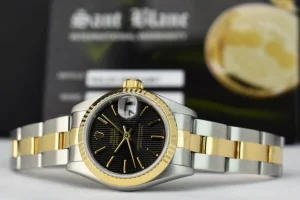 Ladies Watches | Dress Watches | Sant Blanc ROLEX Ladies 26mm 18kt Gold & Stainless Steel DateJust Black Tapestry Stick Dial Model 69173