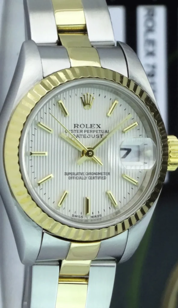 Ladies Watches | Dress Watches | Sant Blanc ROLEX Ladies 26mm 18kt Gold & Stainless DateJust Silver Tapestry Stick Dial Model 79173