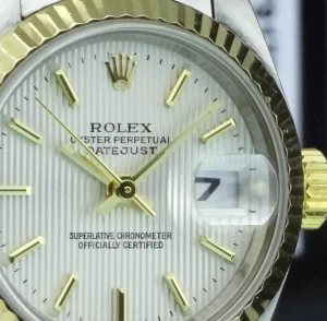 Ladies Watches | Dress Watches | Sant Blanc ROLEX Ladies 26mm 18kt Gold & Stainless DateJust Silver Tapestry Stick Dial Model 79173