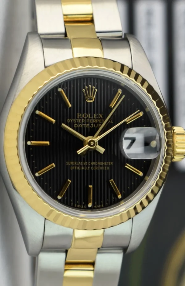 Ladies Watches | Dress Watches | Sant Blanc ROLEX Ladies 26mm 18kt Gold & Stainless Steel DateJust Black Tapestry Stick Dial Model 69173